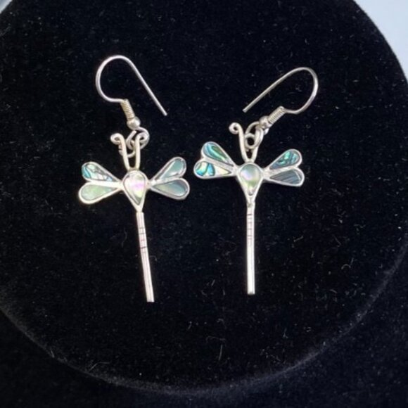 Mexican Sterling Silver and Abalone Earrings Dragonfly Dangle - Picture 1 of 3